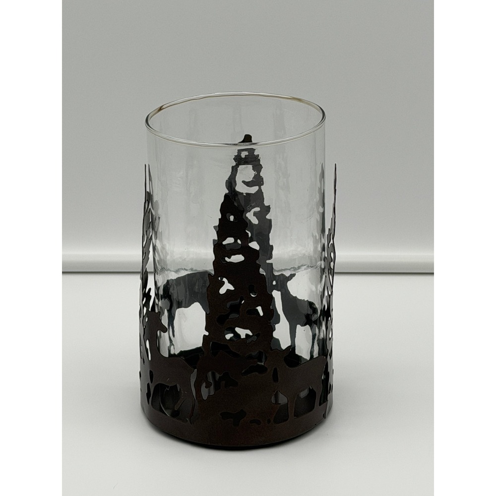 Rustic Metal Forest Deer Silhouette Hurricane Glass Candle Holder Bronze Finish